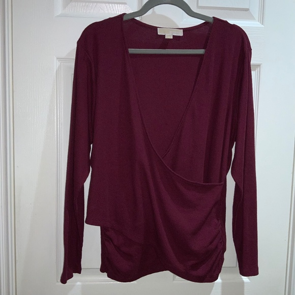 Michael Kors waffle knit faux wrap top Sz 1X side ruching long sleeve - Picture 1 of 7